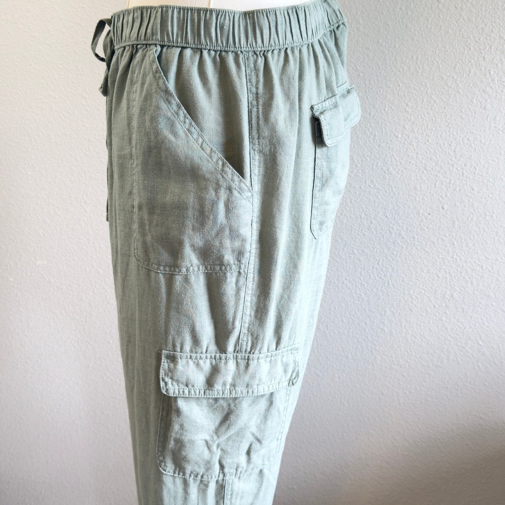 Nicole Miller 100% Linen Cargo Pants Sage Green Breathable Joggers Womens Large - Picture 3 of 9